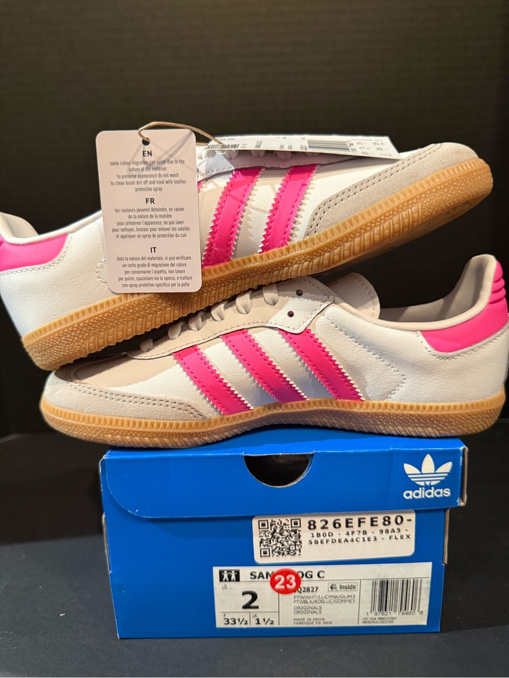 adidas Samba Sneakers in White & Pink with Gum Sole 2Y - Picture 2 of 5